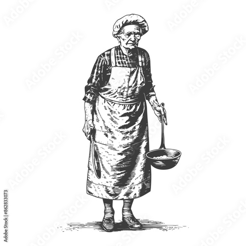 Vintage Illustration: Elderly Woman with Ladle, Apron and Bonnet.