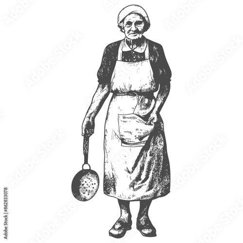 Vintage Homemaker: Detailed Sketch of an Elderly Woman with Frying Pan and Apron