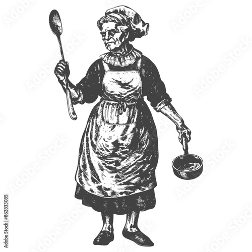 Old Woman Cook: Kitchen Utensils, Vintage Etching Style, Apron and Bonnet.