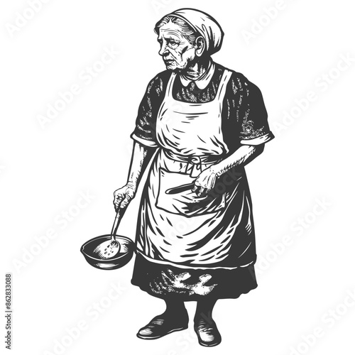 Etched Portrait: Elderly Woman with Ladle, Headscarf, and Apron, Old-World Charm.