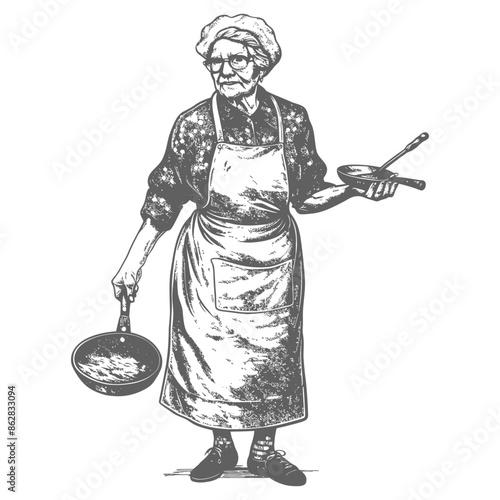 elderly woman in apron with kitchen utensil with engraving style
