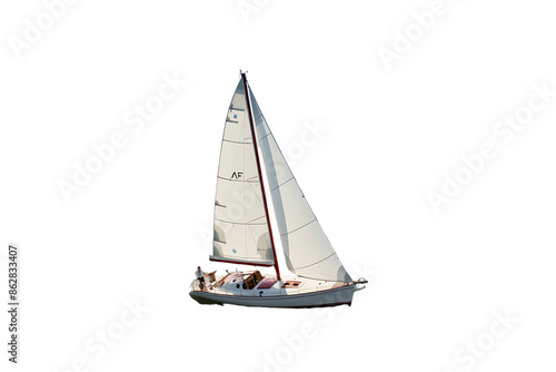 A small white yacht sails on the sea top view Isolated on transparent background