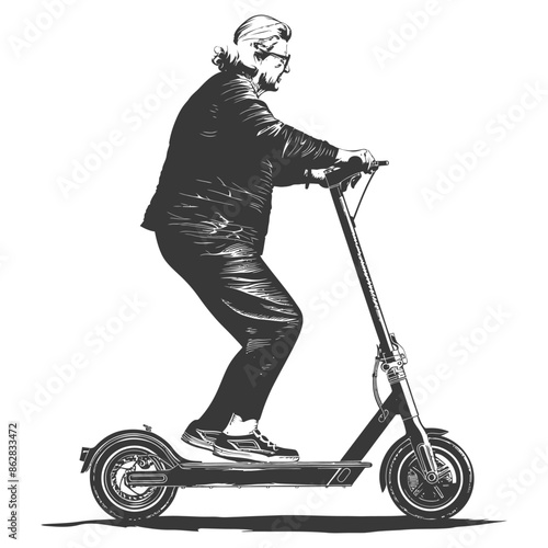elderly woman riding electric scooter with engraving style
