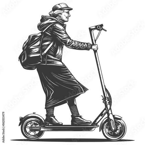 elderly woman riding electric scooter with engraving style