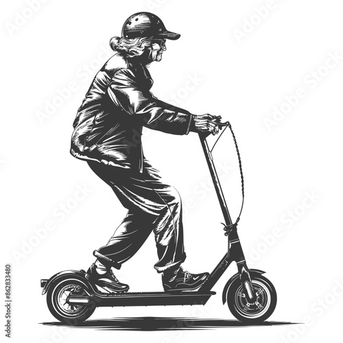 elderly woman riding electric scooter with engraving style
