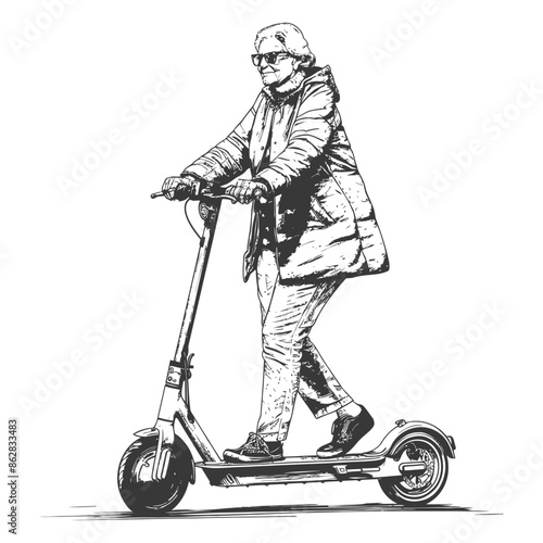 elderly woman riding electric scooter with engraving style