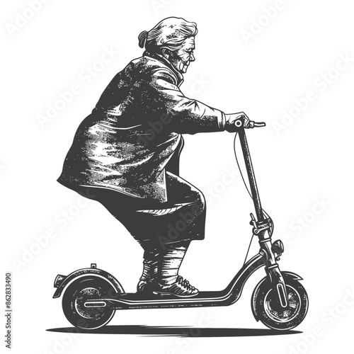 elderly woman riding electric scooter with engraving style