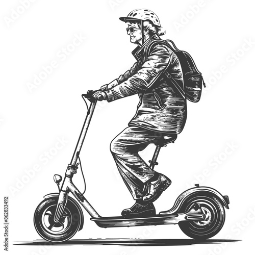 elderly woman riding electric scooter with engraving style
