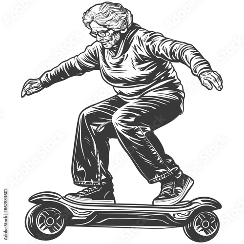 elderly woman riding hoverboard with engraving style