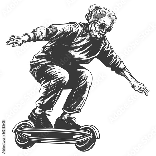 elderly woman riding hoverboard with engraving style