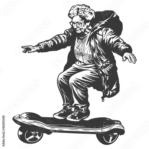 elderly woman riding hoverboard with engraving style