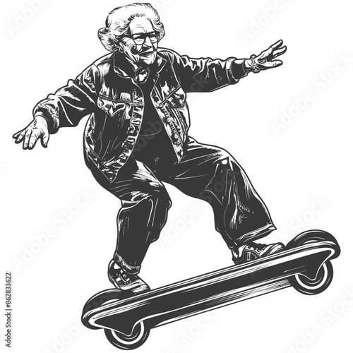 elderly woman riding hoverboard with engraving style