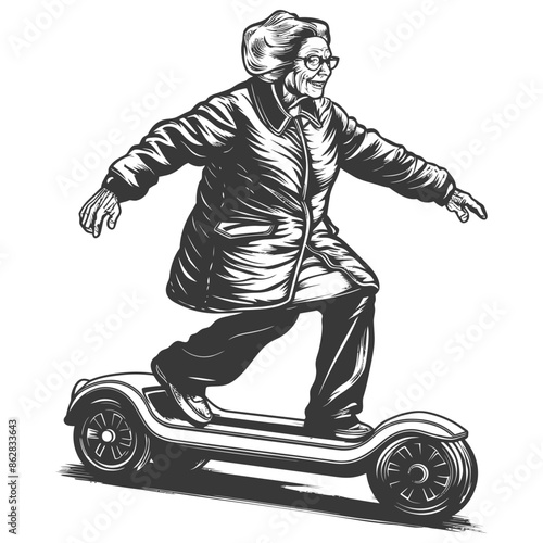 Skateboarding Granny: Retro Style, Vintage Ink, Active Senior.