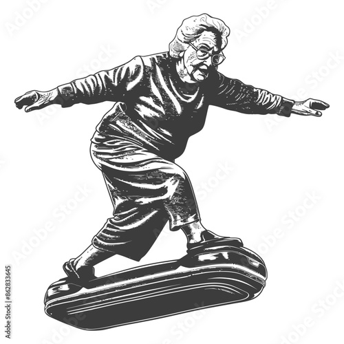 Vector Engraving: Agile Senior Woman Balancing on Hoverboard, Futuristic Fun.