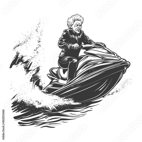 Energetic Granny Thrashing Waves on Jet Ski, Vintage Engraving Style