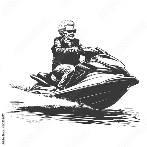 Elderly Woman Jet Skiing: Retro Style, Sunglasses, Water Sport Adventure.