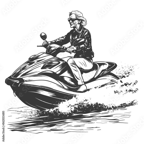 Ink Drawing: Senior Woman Riding a Jet Ski, Retro Sunglasses, Water Sport Adventure, Vector Illustration.
