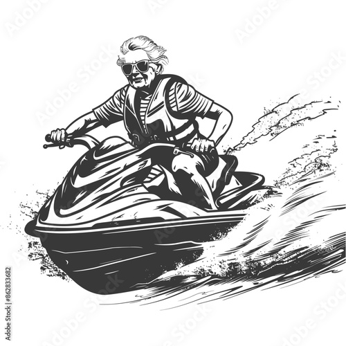 Monochrome drawing of senior woman with sunglasses riding a jet ski.