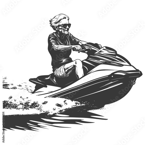 Grayscale: Grandma Jet Skier, Sunglasses, Active Lifestyle, Speed, Water Sports.