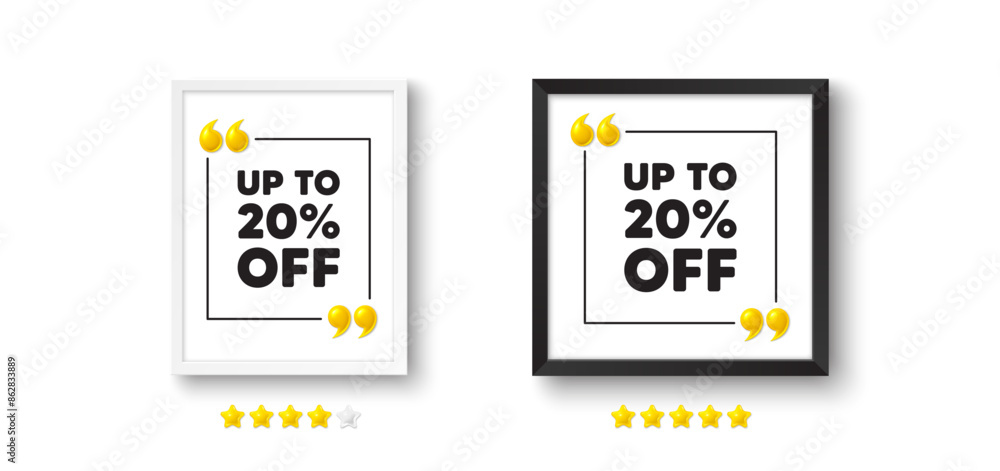 Obraz premium Photo frame with 3d quotation icon. Up to 20 percent off sale. Discount offer price sign. Special offer symbol. Save 20 percentages. Discount tag chat message. Picture frame wall. Vector