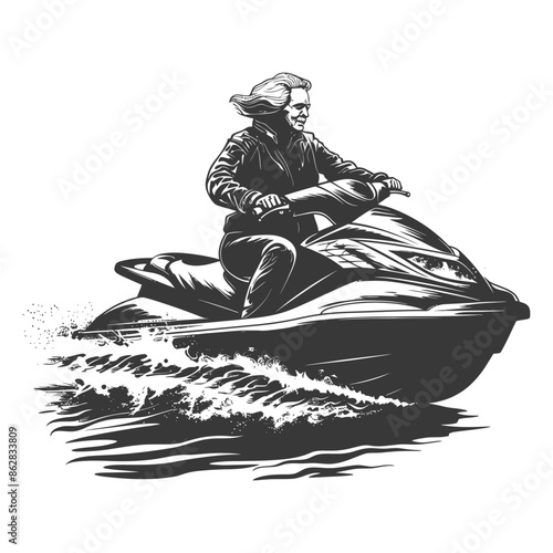Monochrome Jet Ski Rider: Confident Woman in Jacket Cutting Through Water.