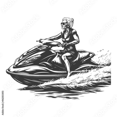 Engraved Granny: Retro Style Jet Ski Adventure.