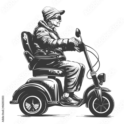 Grayscale Vector: Elderly Person in Beanie Riding a Mobility Scooter.