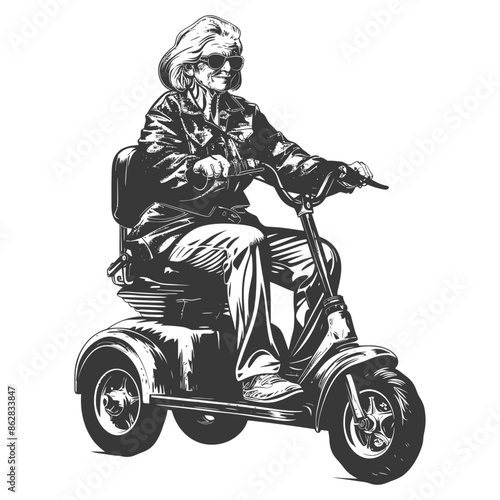 Elderly Woman, Sunglasses, Mobility Scooter, Stylized Vector Illustration.