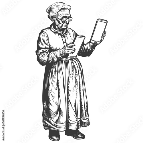 Old woman comparing phone to book, vintage illustration.