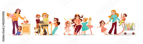 Tired Parent with Naughty Children Playing Around Vector Set