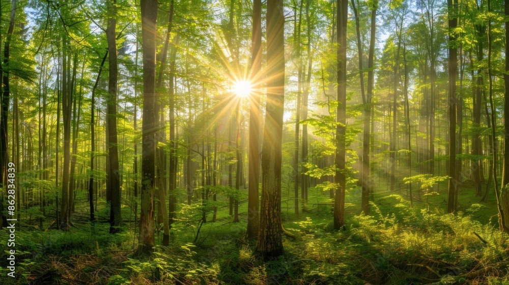 Naklejka premium Sunbeams in a Lush Green Forest