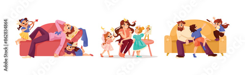 Tired Parent with Naughty Children Playing Around Vector Set