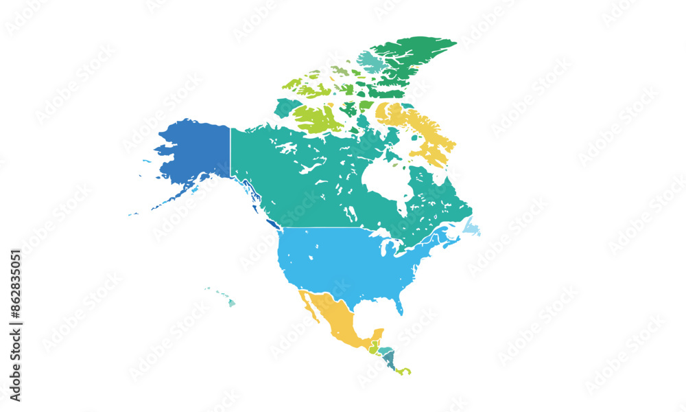 Obraz premium Map of North america isolated modern colorful style. for website layouts, background, education, precise, customizable, Travel worldwide, map silhouette backdrop, earth geography, political, reports.
