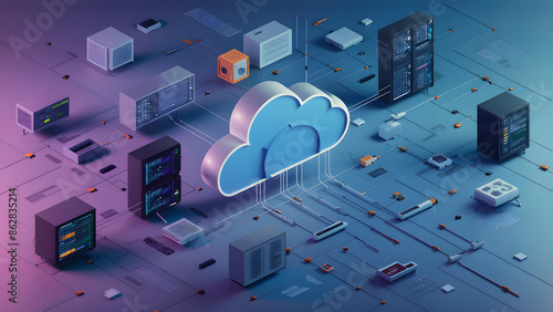 Representation of connections between servers and virtual devices in cloud computing. AI generated photo