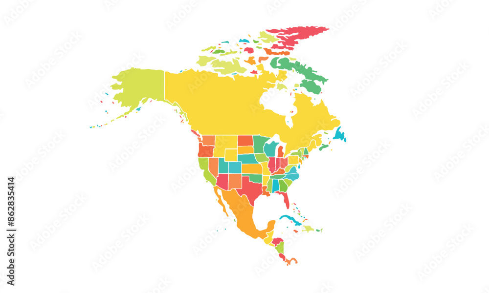 Obraz premium Map of North america isolated modern colorful style. for website layouts, background, education, precise, customizable, Travel worldwide, map silhouette backdrop, earth geography, political, reports.