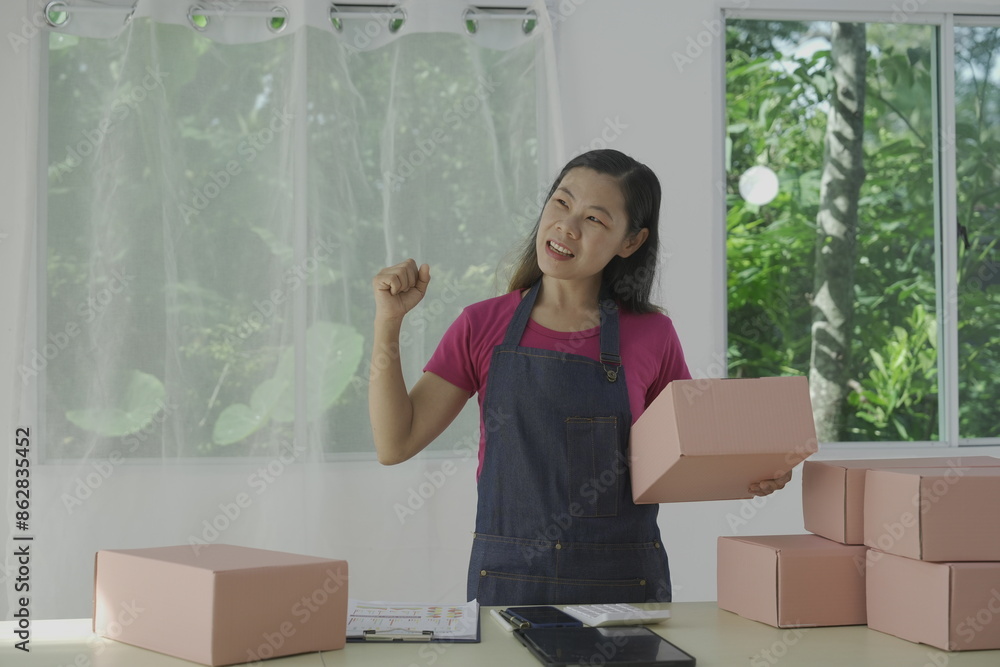 Portrait of Asian woman, freelance e-commerce worker with parcel boxes for delivery to customers. and inspect the parcel box and the concept of sending online marketing boxes Portrait of Asian woman, freelance e-commerce worker with parcel boxes for delivery to customers. and inspect the parcel box and the concept of sending online marketing boxes