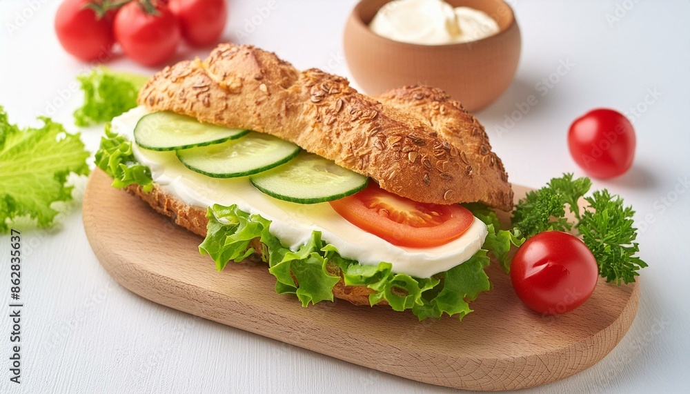 crispy oven-fresh sliced bread roll or grain roll with remoulade or butter, creamy camembert, lettuce, cucumber and tomato on a white background crispy oven-fresh sliced bread roll or grain roll with remoulade or butter, creamy camembert, lettuce, cucumber and tomato on a white background
