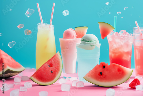 A table with a variety of drinks and a watermelon. The drinks include a watermelon juice, a pink lemonade, and a strawberry smoothie photo