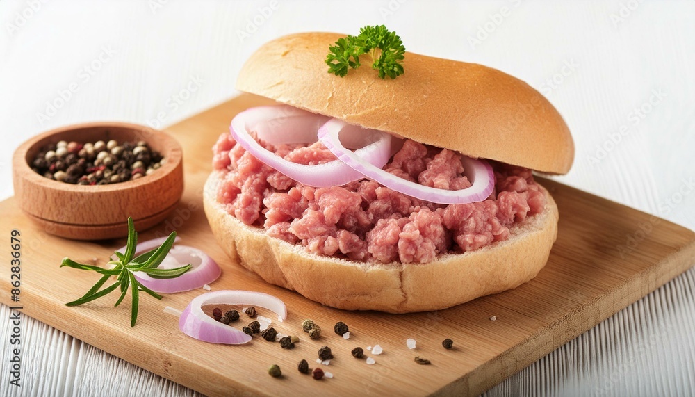 raw minced meat with onions on a bun on a white background German breakfast raw minced meat with onions on a bun on a white background German breakfast