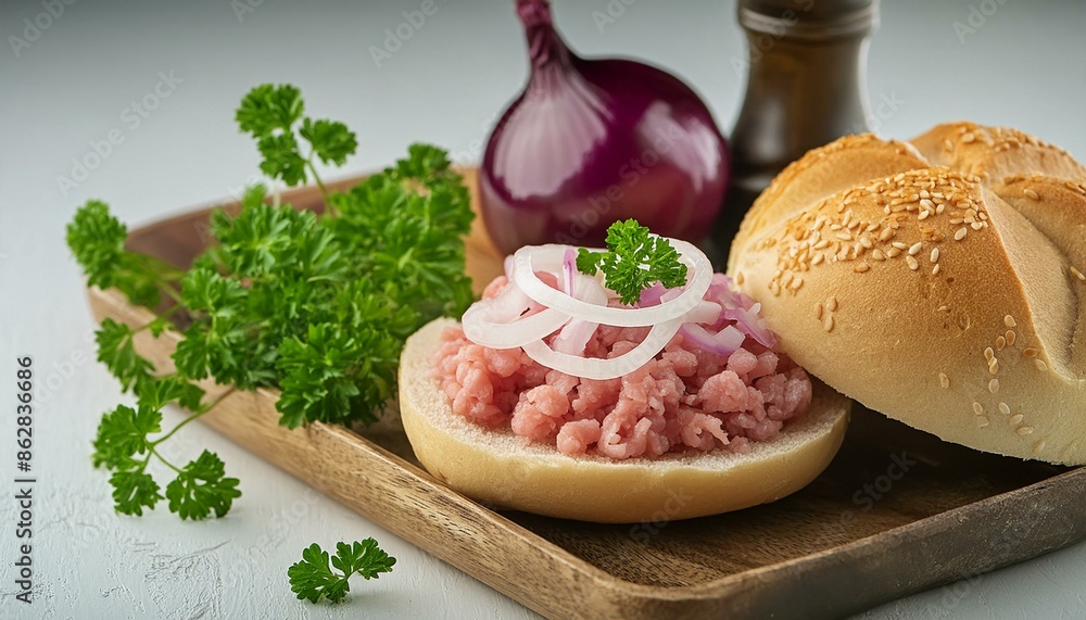 raw minced meat with onions on a bun on a white background German breakfast raw minced meat with onions on a bun on a white background German breakfast