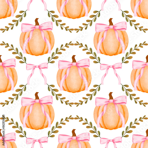 Pumpkin and pink coquette bow trellis seamless repeating pattern, Preppy grandmillennial fall digital paper background for fabric print