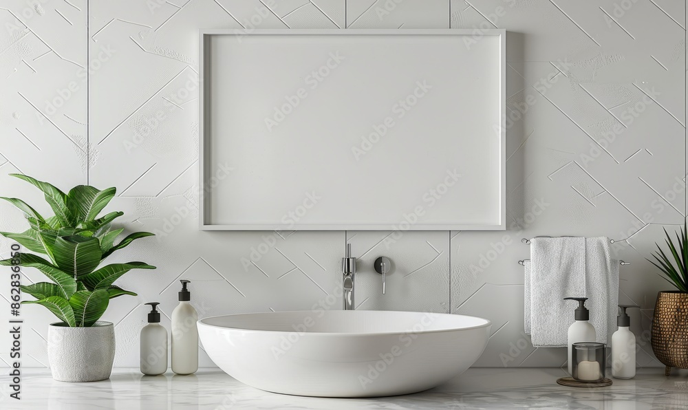 Fototapeta premium Bright bathroom with a mockup frame above the sink
