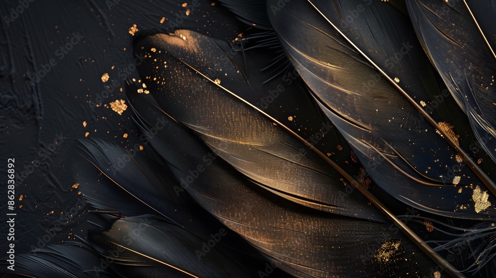 Obraz premium luxury black and gold background with golden feathers