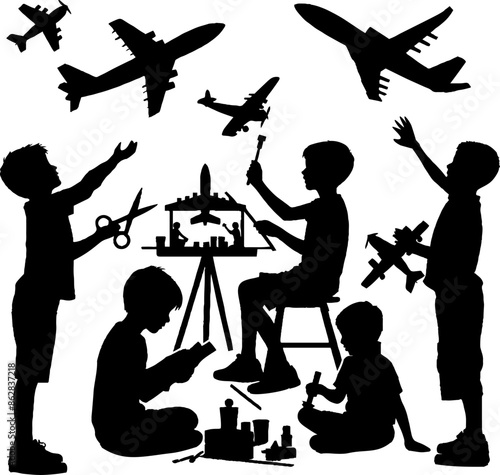 silhouettes of child and airplane