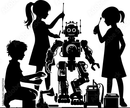 silhouettes of children playing and inventing robots