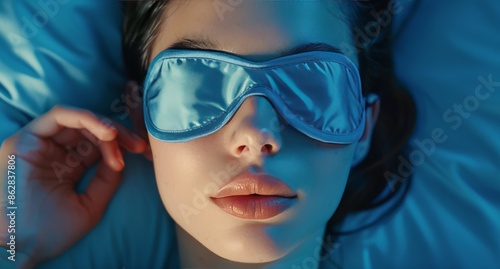 Woman Sleeping in Bed With Blue Eye Mask Under Pink and Blue Light