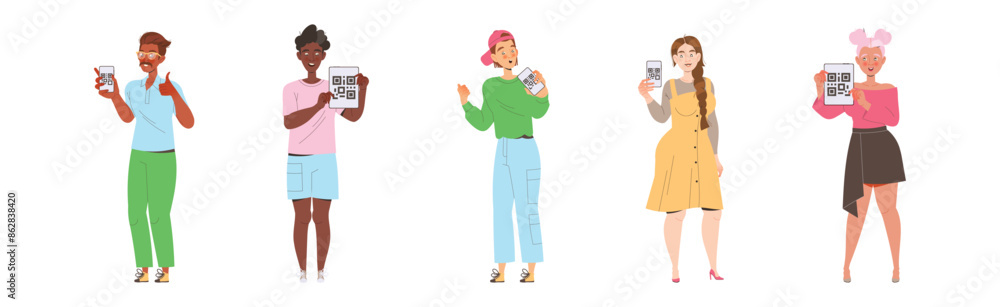People Characters Showing QR Code on Their Gadget Vector Illustration Set People Characters Showing QR Code on Their Gadget Vector Illustration Set