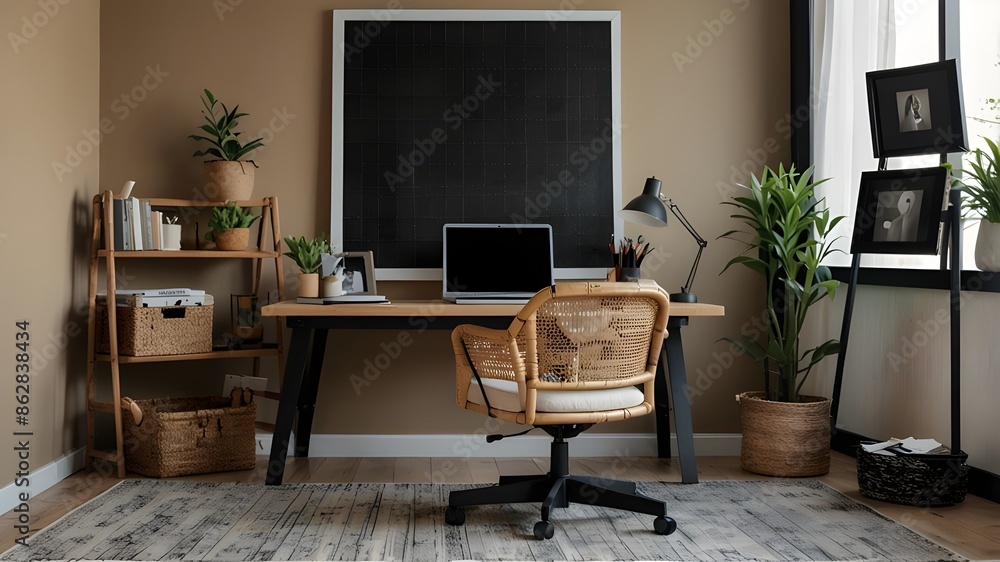 Inventive arrangement of a comfortable workstation using a mock-up poster frame, a wooden desk, a rattan chair, a black rack, a basic light, a floral vase, a patterned carpet, and individual accessori Inventive arrangement of a comfortable workstation using a mock-up poster frame, a wooden desk, a rattan chair, a black rack, a basic light, a floral vase, a patterned carpet, and individual accessori