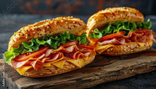 Delicious Ham and Cheese Bagel Sandwiches on a Wooden Board