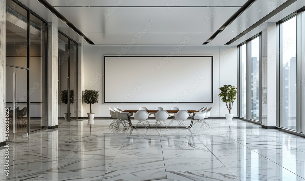 Bright office with a blank screen on the wall Bright office with a blank screen on the wall